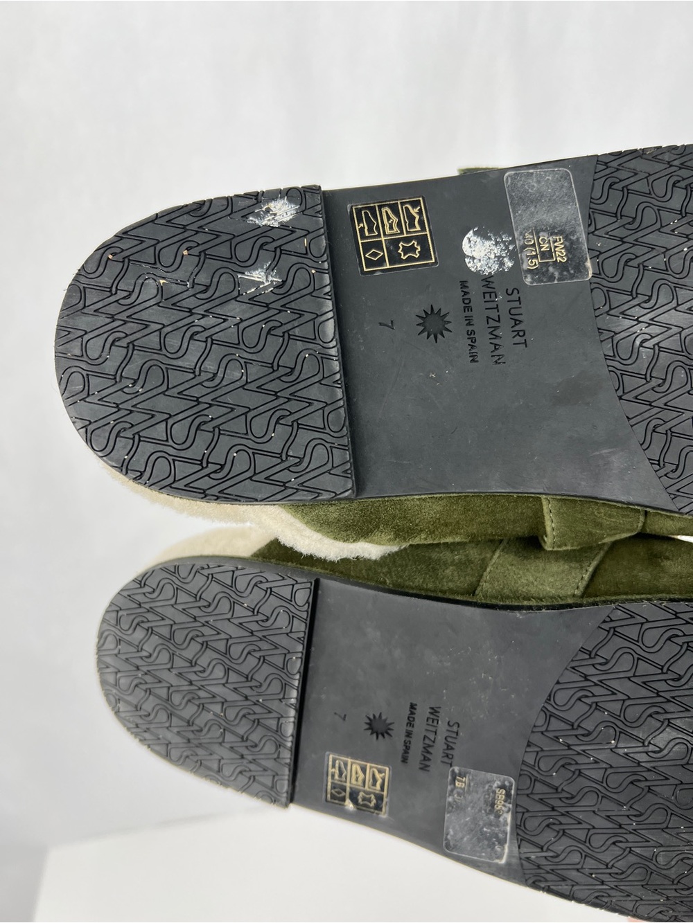 Stuart Weitzman Olive Green Suede Shearling-Trim Mules with Gold Ring - Picture 6 of 11
